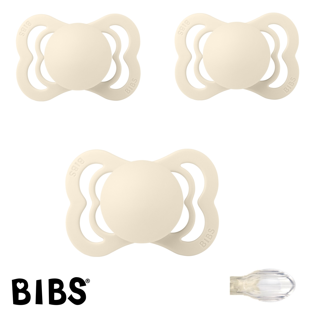 BIBS Supreme Sutter med navn, 3 Ivory, Symmetrisk Silikone str.1 Pakke med 3 sutter